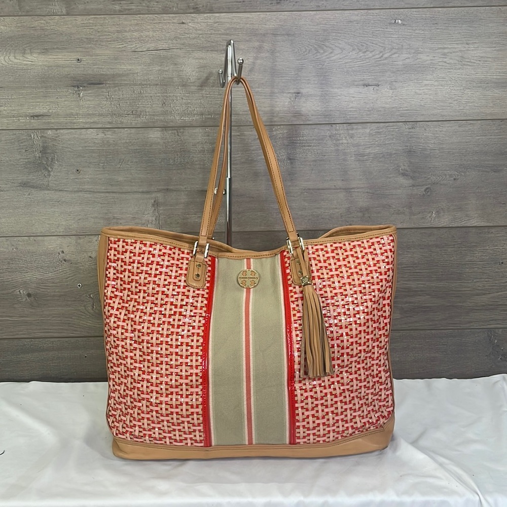 Tory Burch Coral Pink Red and Tan Patent Leather Basketweave Shoulder Tote Bag